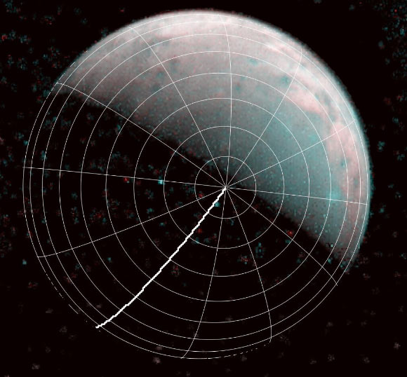 The north pole of Ganymede can be seen in center of this image taken by the JIRAM infrared imager aboard NASA’s Juno spacecraft on December 26, 2019. The thick line is 0-degrees longitude. Image credit: NASA / JPL-Caltech / SwRI / ASI / INAF / JIRAM.