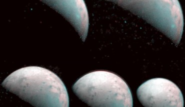 These five infrared images from the JIRAM instrument aboard NASA’s Juno spacecraft provide the first infrared mapping of Ganymede’s northern frontier. The images were taken every 20 minutes, beginning at time of closest approach (far left) on December 26, 2019, when the orbiter was about 62,000 miles (100,000 km) from Ganymede. Image credit: NASA / JPL-Caltech / SwRI / ASI / INAF / JIRAM.