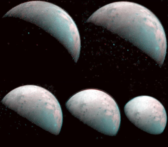 These five infrared images from the JIRAM instrument aboard NASA’s Juno spacecraft provide the first infrared mapping of Ganymede’s northern frontier. The images were taken every 20 minutes, beginning at time of closest approach (far left) on December 26, 2019, when the orbiter was about 62,000 miles (100,000 km) from Ganymede. Image credit: NASA / JPL-Caltech / SwRI / ASI / INAF / JIRAM.
