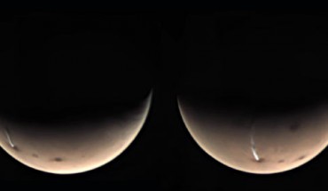 These images, taken on July 17 and 19, 2020 by the Visual Monitoring Camera (VMC) on ESA’s Mars Express spacecraft, show a huge cloud over Arsia Mons volcano. Image credit: ESA.