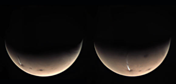 These images, taken on July 17 and 19, 2020 by the Visual Monitoring Camera (VMC) on ESA’s Mars Express spacecraft, show a huge cloud over Arsia Mons volcano. Image credit: ESA.
