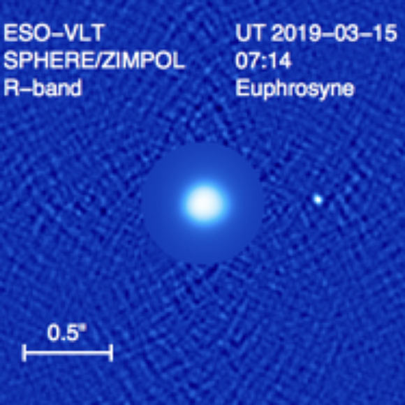 This image, taken with the ZIMPOL instrument on ESO’s Very Large Telescope (VLT), shows the asteroid Euphrosyne and its moon S/2019 (31) 1 (right). Image credit: Yang et al, arXiv: 2007.08059.