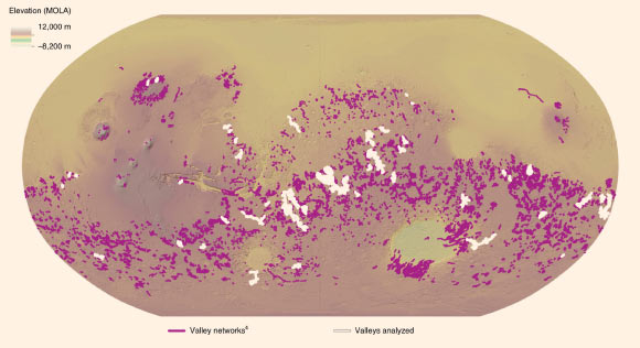 Distribution of Martian valley networks (purple) and those analyzed (white) by Grau Galofre et al. Image credit: Grau Galofre et al, doi: 10.1038/s41561-020-0618-x.