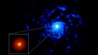 This ALMA image shows the planet-forming disk around the young star RU Lupi. The inset image (lower left, red disk) shows the DSHARP observation of the dust disk with rings and gaps that hint at the presence of forming planets. The new observation shows a large spiral structure (blue), made out of gas, that spans far beyond the compact dust disk. Image credit: ALMA / ESO / NAOJ / NRAO / J. Huang and S. Andrews / AUI / NSF / S. Dagnello.
