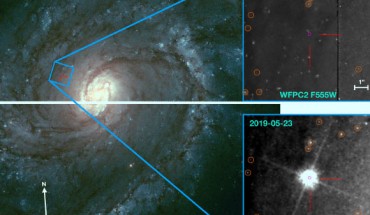 These pre-explosion (left panel and right top panel) and post-explosion (right bottom panel) images from Hubble show SN 2019ehk and its host galaxy Messier 100. The location of SN 2019ehk is marked by red lines and the alignment uncertainty is indicated by pink ellipses. Image credit: Jacobson-Galán et al, doi: 10.3847/1538-4357/ab9e66.