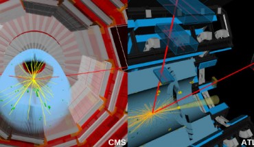 Candidate event displays of a Higgs boson decaying into two muons as recorded by CMS (left) and ATLAS (right). Image credit: CERN.