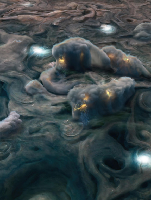 This illustration uses data obtained by NASA’s Juno mission to depict high-altitude electrical storms on Jupiter. Juno’s Stellar Reference Unit camera detected unusual lightning flashes on Jupiter’s dark side during the spacecraft’s close flybys of the planet. Image credit: NASA / JPL-Caltech / SwRI / MSSS / Gerald Eichstädt.