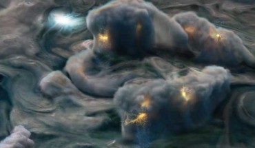 This illustration uses data obtained by NASA’s Juno mission to depict high-altitude electrical storms on Jupiter. Juno’s Stellar Reference Unit camera detected unusual lightning flashes on Jupiter’s dark side during the spacecraft’s close flybys of the planet. Image credit: NASA / JPL-Caltech / SwRI / MSSS / Gerald Eichstädt.
