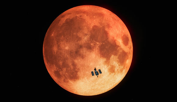 An artist’s impression of Hubble observing the total lunar eclipse. Image credit: NASA/ ESA / Hubble / M. Kornmesser.