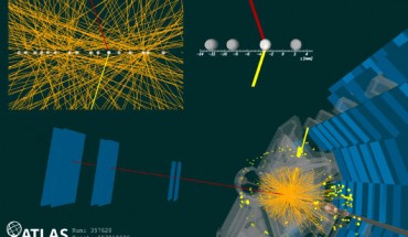 A 2018 ATLAS event display consistent with the production of a pair of W bosons from two photons, where the W bosons decay into a muon and an electron (visible in the detector) and neutrinos (not detected). The muon path (red line) and electron path (yellow line) are shown. The electron deposits its energy in the electromagnetic calorimeter (yellow blocks). The many particles reconstructed in the Inner Detector are shown in orange. Top left corner shows that these particles do not originate from the same interaction and are thus attributed to additional proton-proton interactions. Image credit: ATLAS Collaboration / CERN.