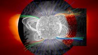 This composite image shows the Sun with open magnetic field lines (colored) overlapping with regions with enhanced helium abundance. Image credit: NASA.