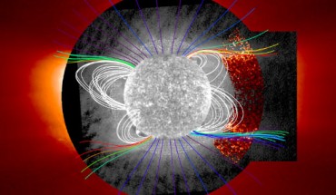 This composite image shows the Sun with open magnetic field lines (colored) overlapping with regions with enhanced helium abundance. Image credit: NASA.