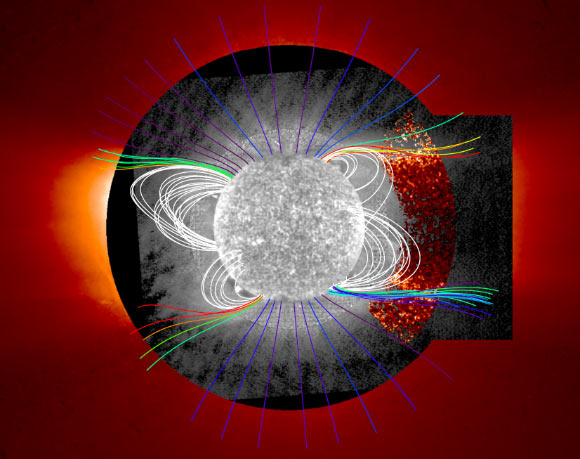 This composite image shows the Sun with open magnetic field lines (colored) overlapping with regions with enhanced helium abundance. Image credit: NASA.