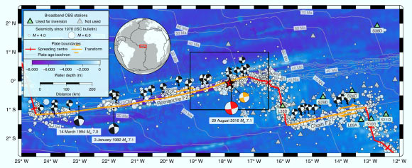 The 2016 7.1 earthquake on the Romanche Fracture Zone in the equatorial Atlantic. The map location is given by the red rectangle on the inset globe. Image credit: Hicks et al, doi: 10.1038/s41561-020-0619-9.