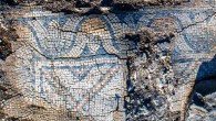 Mosaic floor of the Byzantine-period church at Kfar Kama, Israel. Image credit: Alex Wiegmann, Israel Antiquities Authority.