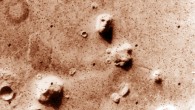 NASA’s Viking 1 orbiter photographed the Cydonia region in the northern latitudes of Mars on July 25, 1976 while searching for a landing site for the Viking 2 lander. The speckled appearance of the image is due to missing data, called bit errors, caused by problems in transmission of the photographic data from Mars to Earth. Bit errors comprise part of one of the ‘eyes’ and ‘nostrils’ on the eroded rock that resembles a human face near the center of the image. Shadows in the rock formation give the illusion of a nose and mouth. Planetary geologists attribute the origin of the formation to purely natural processes. The feature is 1.5 km across, with the Sun angle at approximately 20 degrees. The picture was taken from a range of 1,873 km. Image credit: NASA / JPL.