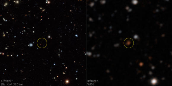 WISEA J025805.29-321917.4, one of the new brown dwarf discoveries, as seen in sky maps from WISE (right) and Legacy Surveys DR8 (left). Image credit: A. Meisner / NOIRLab / NSF / AURA.