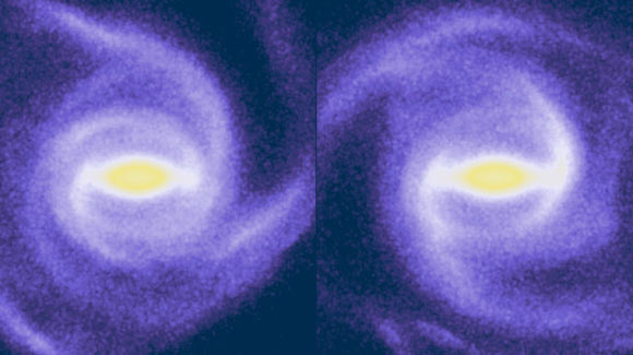 When the bar (horizontal in yellow and white) is in its shorter phase on the left, a few spiral arms can be seen near, but not quite firmly connected to the bar. Meanwhile, when the bar is at its longest on the right, there are two stronger spiral arms passing through this time around. These are more clearly connected to either end of the bar, effectively dragging it out and slowing it down. Image credit: Hilmi et al, doi: 10.1093/mnras/staa1934.