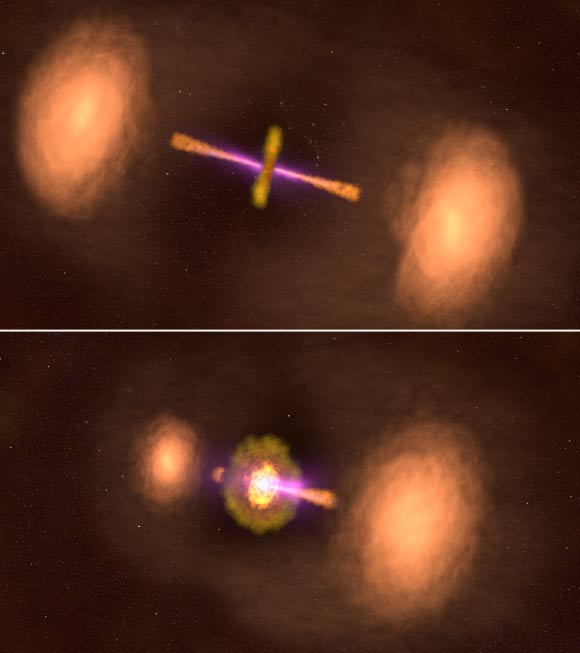 This illustration shows two views of the active galaxy TXS 0128+554. Left: the galaxy’s central jets appear as they would if we viewed them both at the same angle. The black hole, embedded in a disk of dust and gas, launches a pair of particle jets traveling at nearly the speed of light. Scientists think gamma rays (magenta) detected by NASA’s Fermi Gamma-ray Space Telescope originate from the base of these jets. As the jets collide with material surrounding the galaxy, they form identical lobes seen at radio wavelengths (orange). The jets experienced two distinct bouts of activity, which created the gap between the lobes and the black hole. Right: TXS 0128+554 appears in its actual orientation, with its jets tipped out of our line of sight by about 50 degrees. Image credit: NASA’s Goddard Space Flight Center.