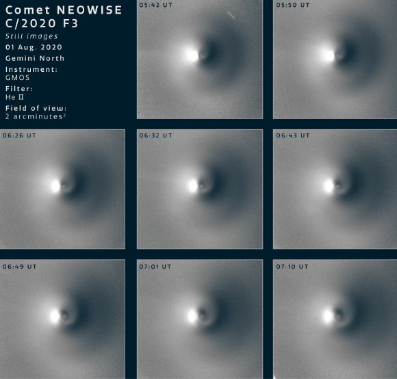 These images of comet C/2020 F3 (NEOWISE) were obtained with the Gemini North telescope on August 1, 2020. Image credit: Gemini Observatory / NOIRLab / NSF / AURA / M. Drahus / P. Guzik.