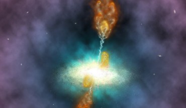 An artist’s impression of plasma jets coming from a supermassive black hole in the central galaxy of the Phoenix cluster. Image credit: NAOJ.
