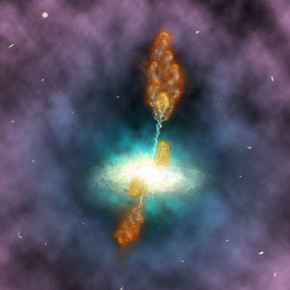 An artist’s impression of plasma jets coming from a supermassive black hole in the central galaxy of the Phoenix cluster. Image credit: NAOJ.