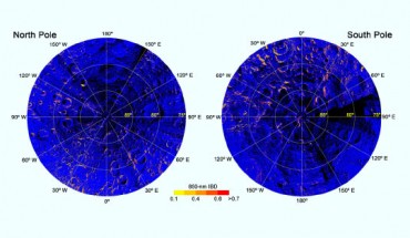 Map of hematite (redder color) on the Moon. Image credit: Li et al, doi: 10.1126/sciadv.aba1940.