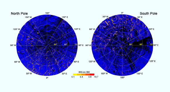Map of hematite (redder color) on the Moon. Image credit: Li et al, doi: 10.1126/sciadv.aba1940.