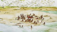 An artistic rendering of the Horse Butchery Site and the Boxgrove people; it shows how the site was situated in front of towering chalk cliffs on the edge of an intertidal lagoon; the cliffs to the north provided all the flint used in tool making at the site and, within a few hours, the tide would have begun to cover the site in fine silt, preserving evidence of the day’s activity. Image credit: Lauren Gibson / Institute of Archaeology, University College London.