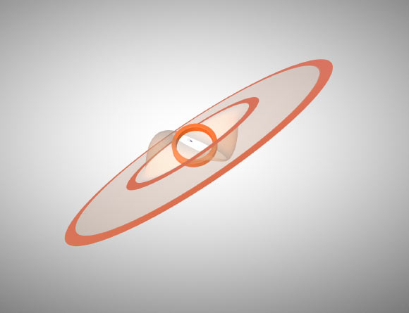 Representation of the disk structure and stellar orbit of GW Orionis, as derived from the ALMA and VLT observations by Kraus et al. Orange rings are the (misaligned) rings seen by ALMA. The transparent surfaces correspond to the lower-density dust filaments that connect the rings and that dominate the emission in scattered light. Image credit: Kraus et al / NRAO / AUI / NSF.