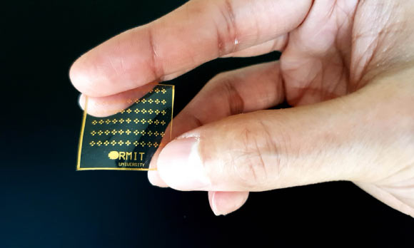 The skin-like sensing prototype device, made with stretchable electronics. Image credit: RMIT University.