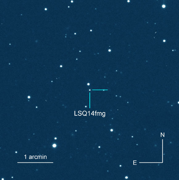 SN LSQ14fmg exploded in SDSS J221646.15+152114.2, a star-forming galaxy 100 million light-years away. Image credit: Hsiao et al, doi: 10.3847/1538-4357/abaf4c.
