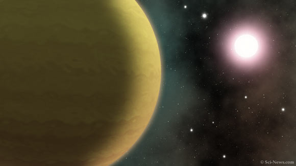 An artist’s impression of the warm-Jupiter exoplanet TOI-1899b and the red dwarf TOI-1899, the lowest-mass star known to host a transiting warm Jupiter. Image credit: Sci-News.com.