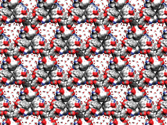 Piotrowska et al developed tripeptide crystals which feature aqueous pores that expand and contract in response to humidity changes and use evaporation to create an effective mechanical actuator. Image credit: Tony Wang.