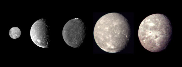 These images of the five largest Uranian moons -- Miranda, Ariel, Umbriel, Titania and Oberon -- were captured by NASA’s Voyager 2 spacecraft on January 24, 1986. The diameters of the moons are shown to scale. Image credit: NASA / JPL / MPIA.