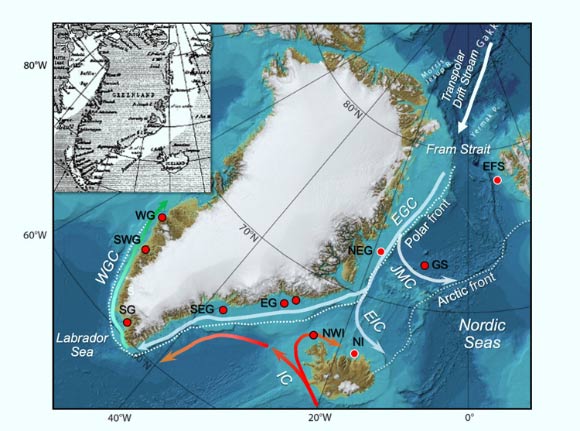 Bathymetric map of the Fram Strait gateway and downstream region; red circles indicate location of marine sediment cores. Inset: Danish historical ice chart from the early 20th century showing the extension of the Arctic Ocean-origin sea ice observed along Southwest Greenland. Image credit: Miles et al, doi: 10.1126/sciadv.aba4320.