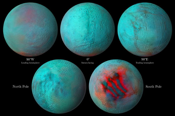In these detailed infrared images of Enceladus, reddish areas indicate fresh ice that has been deposited on the surface. Image credit: NASA / JPL-Caltech / University of Arizona / LPG / CNRS / University of Nantes / Space Science Instituto.