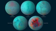 In these detailed infrared images of Enceladus, reddish areas indicate fresh ice that has been deposited on the surface. Image credit: NASA / JPL-Caltech / University of Arizona / LPG / CNRS / University of Nantes / Space Science Instituto.