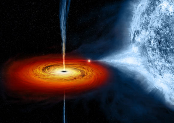 An artist’s impression of a stellar-mass black hole surrounded by a disk of gas and plasma gravitationally pulled from a close binary star companion. Image credit: NASA / CXC / M. Weiss.