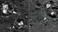 The bright boulders (circled in the images) on the surface of near-Earth asteroid Bennu are pyroxene-rich material from Vesta; some bright material appear to be individual rocks (left) while others appear to be clasts within larger boulders (right). Image credit: NASA’s Goddard Space Flight Center / University of Arizona.
