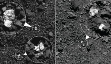 The bright boulders (circled in the images) on the surface of near-Earth asteroid Bennu are pyroxene-rich material from Vesta; some bright material appear to be individual rocks (left) while others appear to be clasts within larger boulders (right). Image credit: NASA’s Goddard Space Flight Center / University of Arizona.