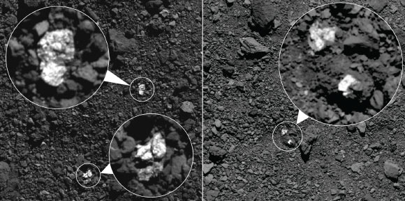 The bright boulders (circled in the images) on the surface of near-Earth asteroid Bennu are pyroxene-rich material from Vesta; some bright material appear to be individual rocks (left) while others appear to be clasts within larger boulders (right). Image credit: NASA’s Goddard Space Flight Center / University of Arizona.