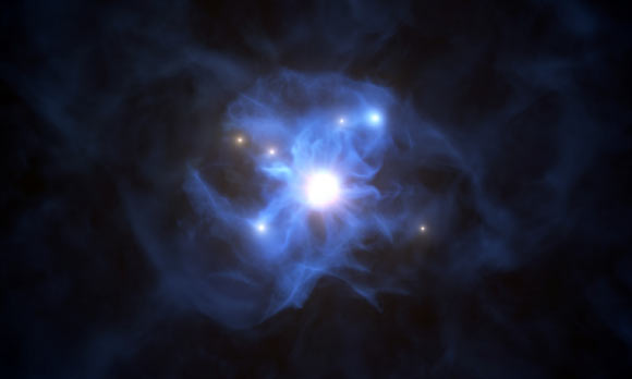 This artist’s impression shows a supermassive black hole in the center of SDSS J1030+0524 and six galaxies -- four Lyman-break galaxies and two Lyman-alpha emitting galaxies -- trapped in its gas web. The large web-like structure extends over 300 times the size of the Milky Way. Image credit: L. Calçada / ESO.