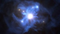 This artist’s impression shows a supermassive black hole in the center of SDSS J1030+0524 and six galaxies -- four Lyman-break galaxies and two Lyman-alpha emitting galaxies -- trapped in its gas web. The large web-like structure extends over 300 times the size of the Milky Way. Image credit: L. Calçada / ESO.