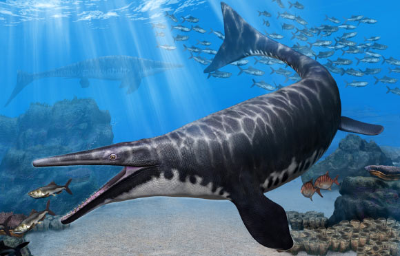 Life reconstruction of Gavialimimus almaghribensis hunting a school of teleosts. Image credit: Tatsuya Shinmura.