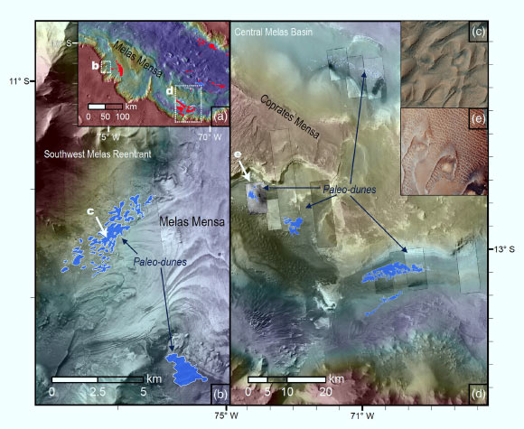 Context maps of Melas Chasma paleodune fields: (a) regional distribution of paleodune (blue polygons outlined in white) and modern (red polygons) dune fields; (b) Southwest Melas Chasma reentrant canyon and the (d) central basin of Melas Chasma. Image credit: Murray Lab / Caltech / MSSS / NASA / JPL / Chojnacki et al., doi: 10.1029/2020JE006510.