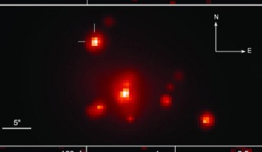 This X-ray image, taken by NASA’s Chandra X-ray Observatory, shows GW170817. The central panel shows the stacked image of the field, with total exposure of 783 ks. The position of GW170817 is marked. In addition, several X-ray point sources as well as extended diffuse X-ray emissions are visible. The image stamps are centered on the location of GW170817, showing the main phases of its evolution. Image credit: Troja et al., doi: 10.1093/mnras/staa2626.