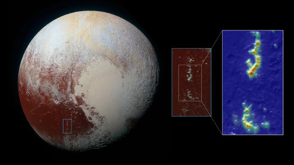 This image, taken by NASA’s New Horizon spacecraft in 2015, shows the Pigafetta Montes mountain range on Pluto; the colorization on the right indicates the concentrations of methane ice, with the highest concentrations at higher elevations in red, decreasing downslope to the lowest concentrations in blue. Image credit: NASA / JHUAPL / SwRI / NASA’s Ames Research Center / Daniel Rutter.