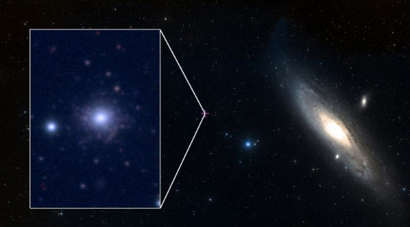 RBC EXT8 orbits the outskirts of the Andromeda Galaxy, which is located 2.5 million light-years from Earth. Image credit: ESASky / CFHT.