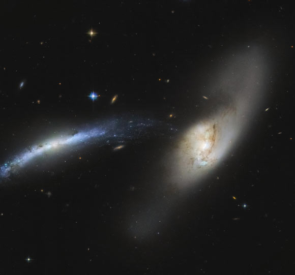 This Hubble image shows interacting galaxies NGC 2798 (right) and NGC 2799 (left). The color image includes optical and near-infrared observations from Hubble’s Advanced Camera for Surveys (ACS). Three filters were used to sample various wavelengths. The color results from assigning different hues to each monochromatic image associated with an individual filter. Image credit: NASA / ESA / Hubble / SDSS / J. Dalcanton / Judy Schmidt, www.geckzilla.com.